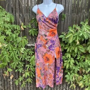 Urban Outfitters Woman Size XS Pink Satin Floral Midi Dress Slit Homecoming